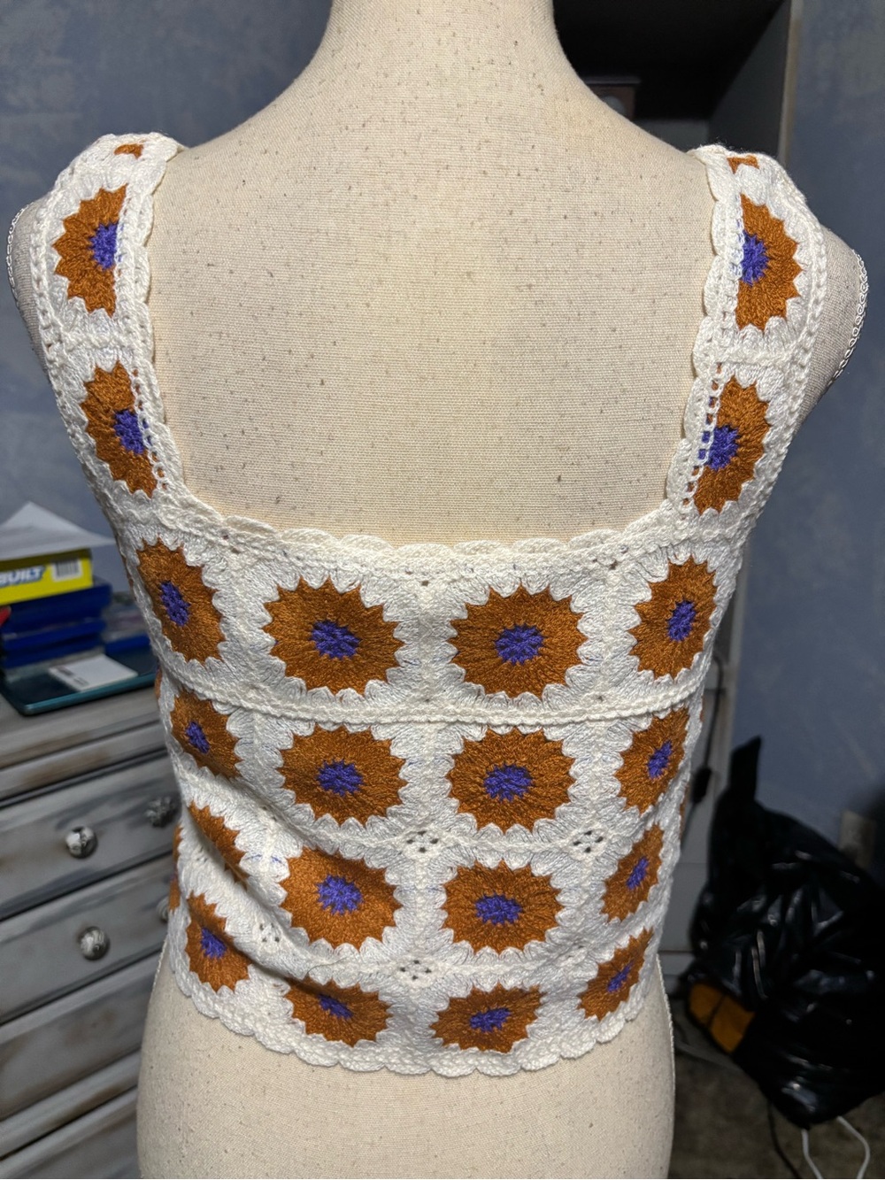 Rebellion Again Crochet Granny Square Tank Top XS Boho Festival Crop top - Picture 7 of 10